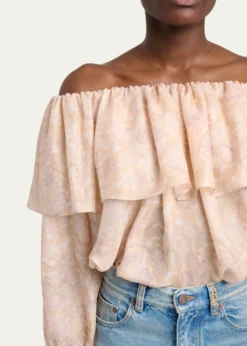 ChloeFlower Print Off-The-Shoulder Silk Top