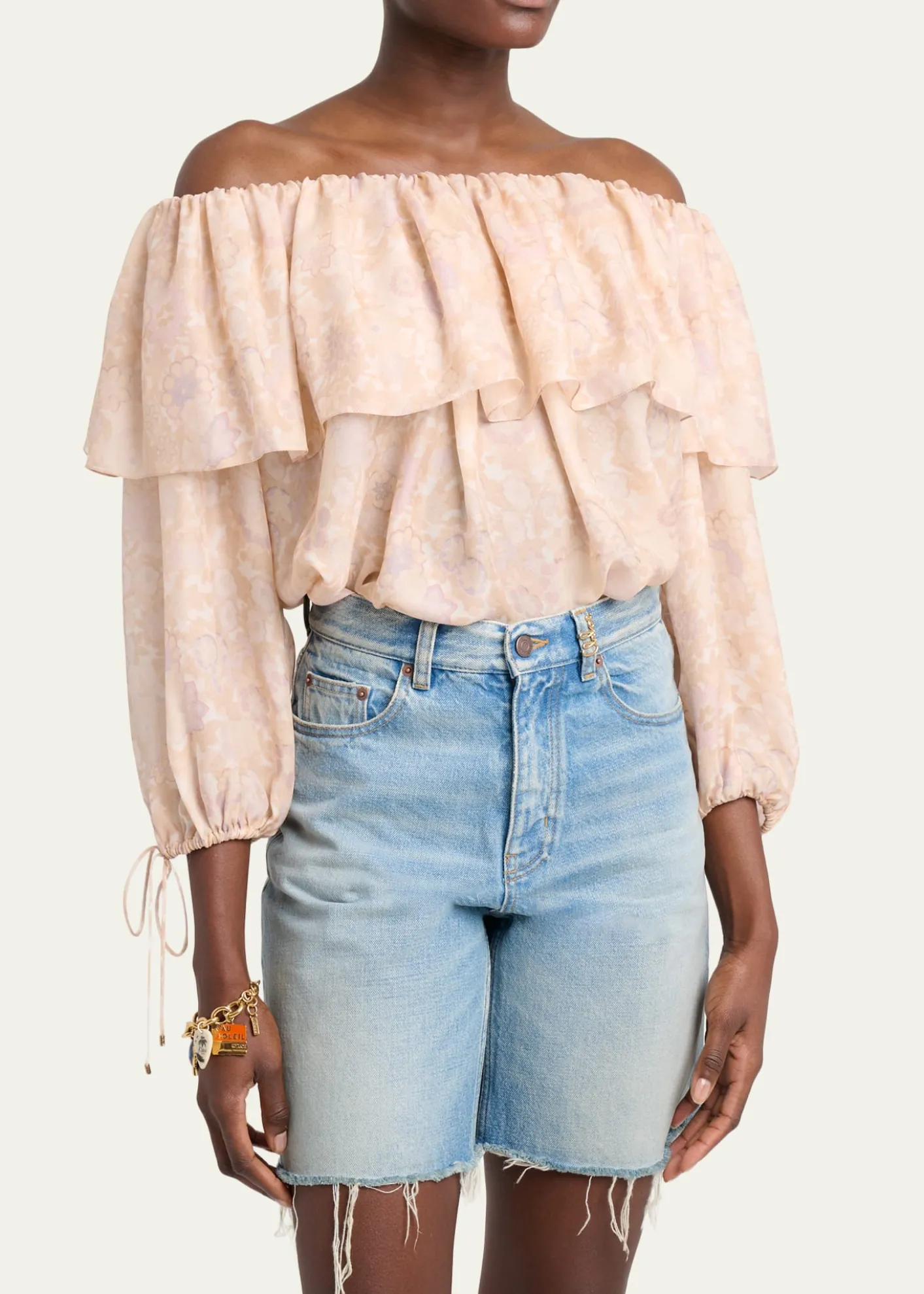 ChloeFlower Print Off-The-Shoulder Silk Top