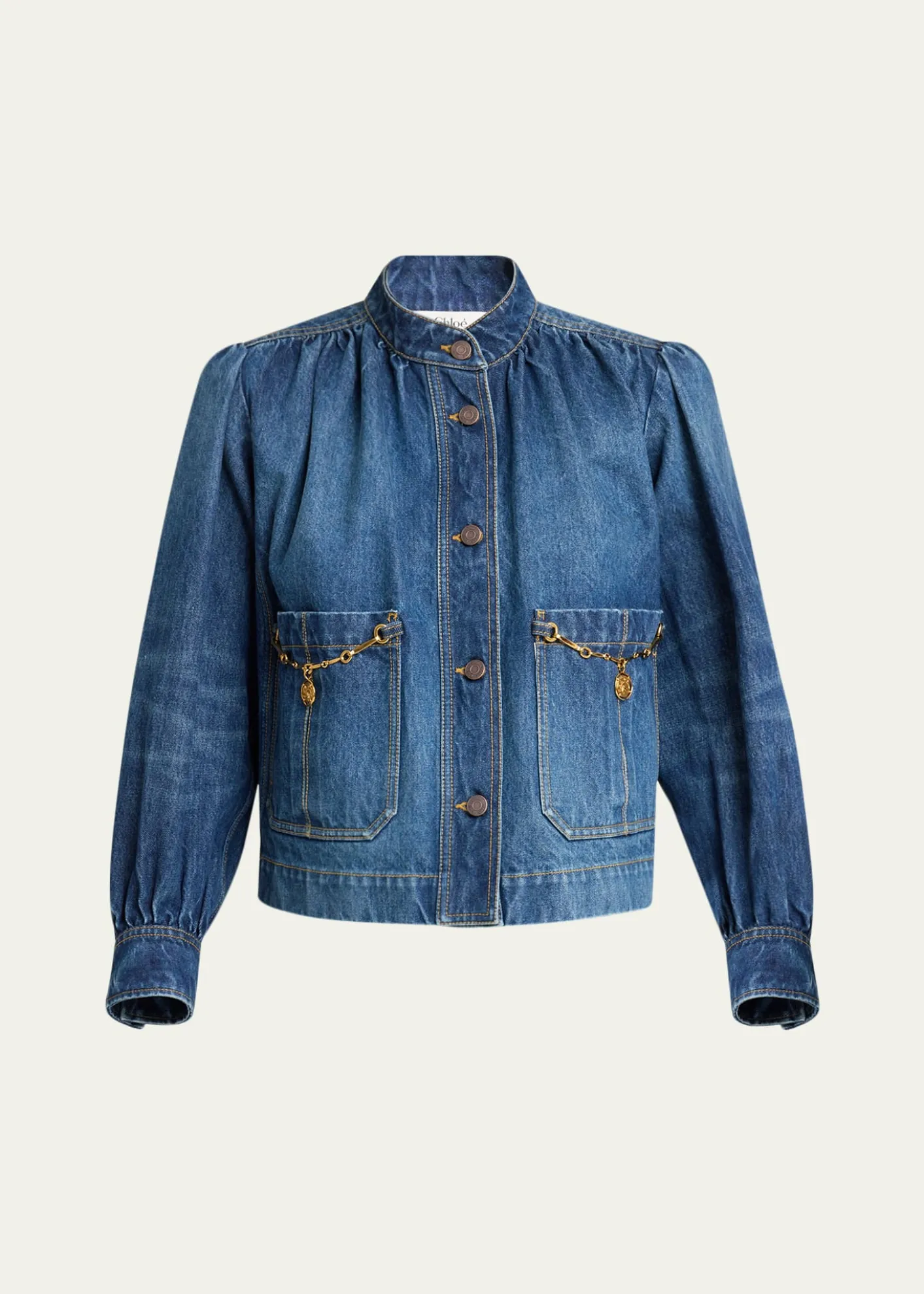 ChloeHorse-Pendant Gathered Denim Jacket