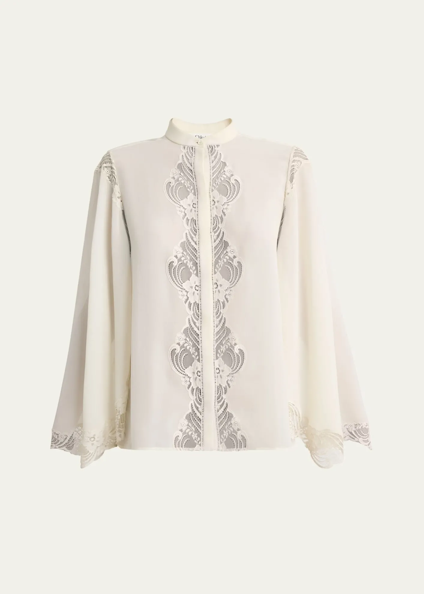 ChloeLace Placket Tulip-Sleeve Silk Blouse