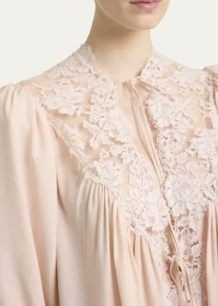 ChloeLace-Trim Puff-Sleeve Organic Silk Crepe De Chine Top