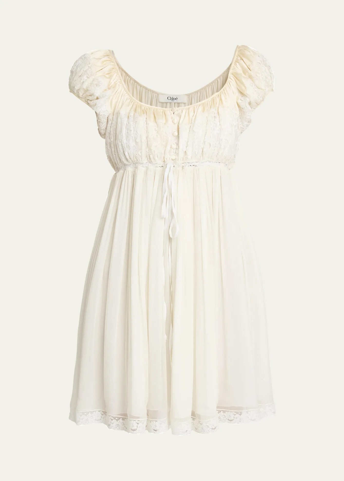 ChloeLace-Trim Short-Sleeve Silk Mousseline Mini Babydoll Dress