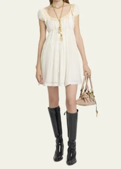 ChloeLace-Trim Short-Sleeve Silk Mousseline Mini Babydoll Dress