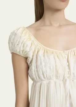 ChloeLace-Trim Short-Sleeve Silk Mousseline Mini Babydoll Dress