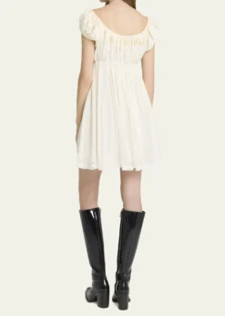 ChloeLace-Trim Short-Sleeve Silk Mousseline Mini Babydoll Dress