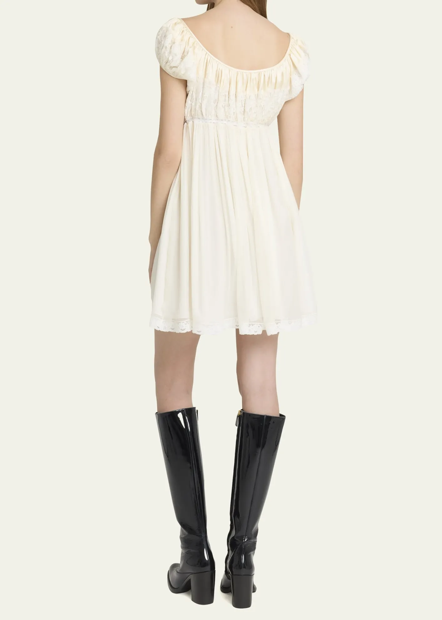 ChloeLace-Trim Short-Sleeve Silk Mousseline Mini Babydoll Dress