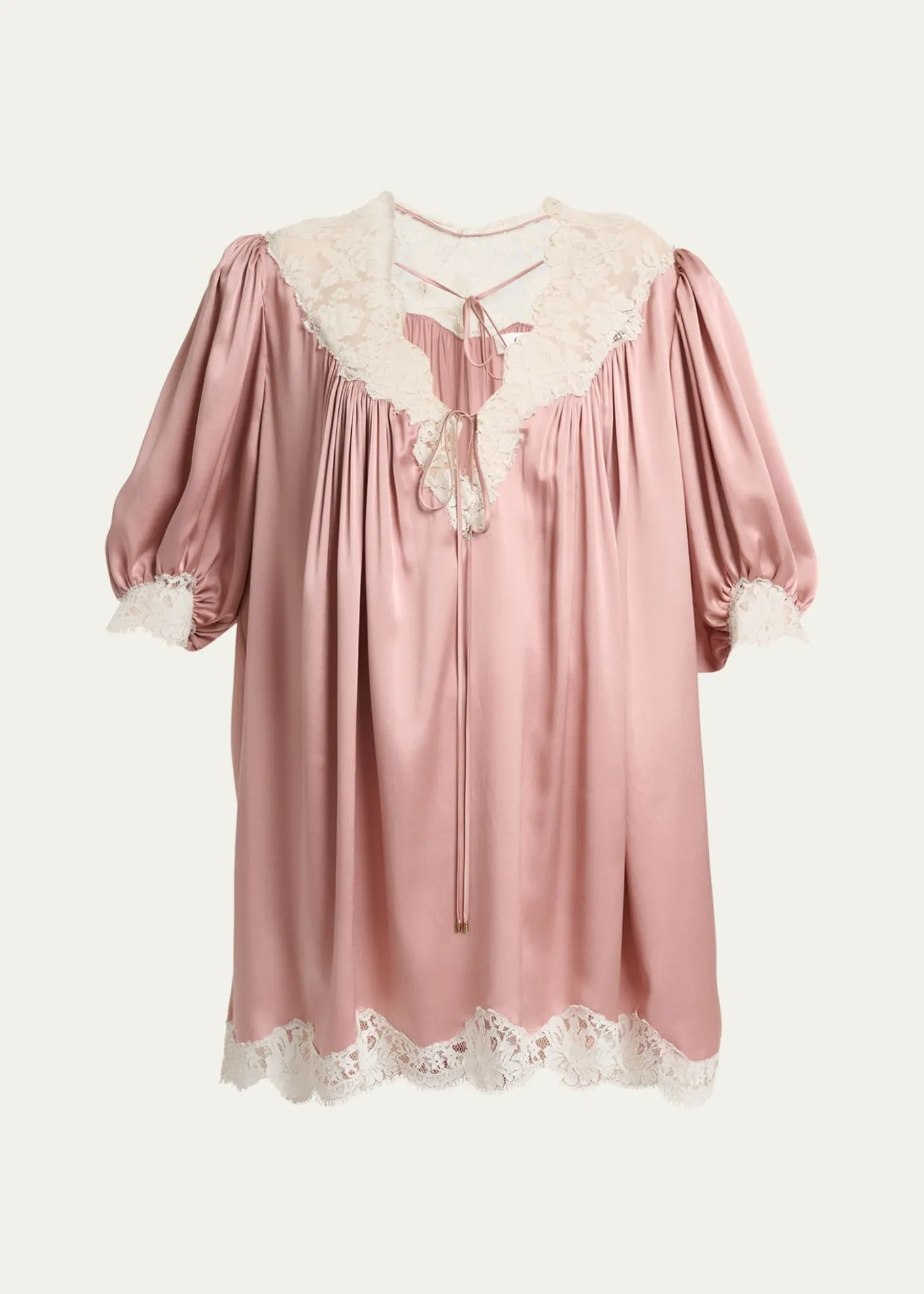 ChloeLace-Trim Short-Sleeve Satin Mini Dress