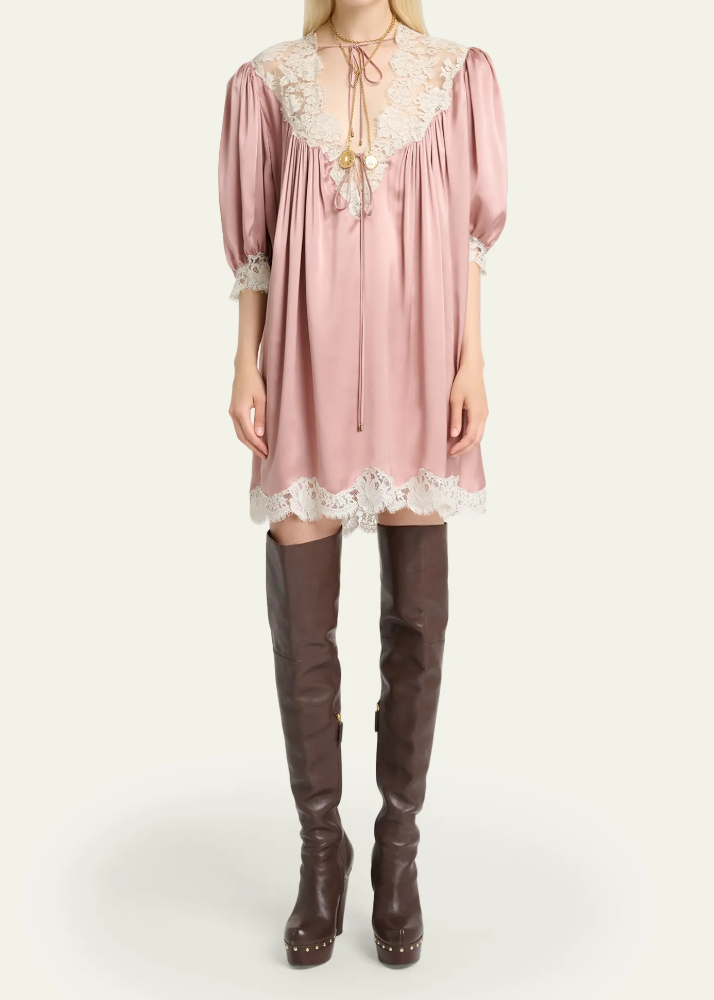 ChloeLace-Trim Short-Sleeve Satin Mini Dress