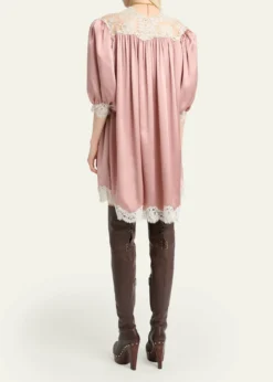 ChloeLace-Trim Short-Sleeve Satin Mini Dress