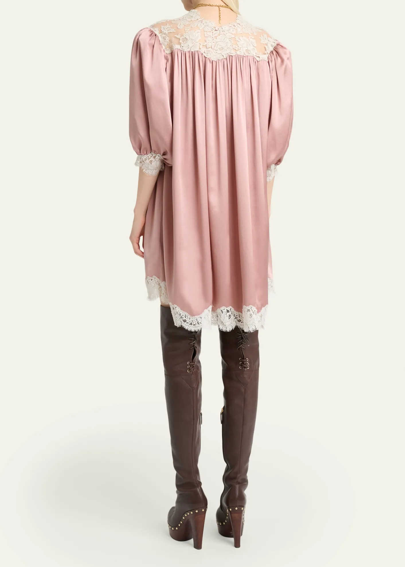 ChloeLace-Trim Short-Sleeve Satin Mini Dress