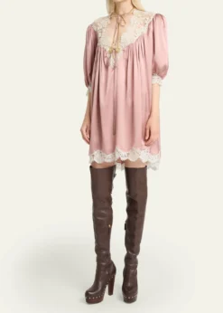 ChloeLace-Trim Short-Sleeve Satin Mini Dress