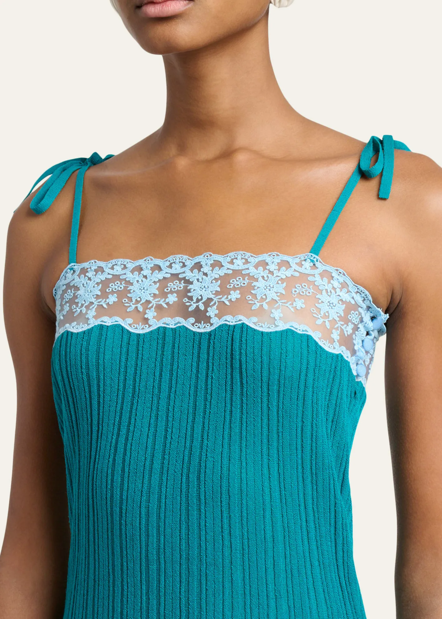 ChloeLace-Trim Sleeveless Rib Knit Mini Dress
