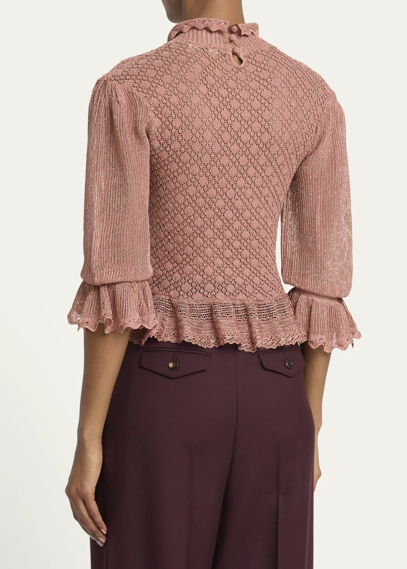 ChloeMock-Neck Metallic Knit Ruffle Sweater