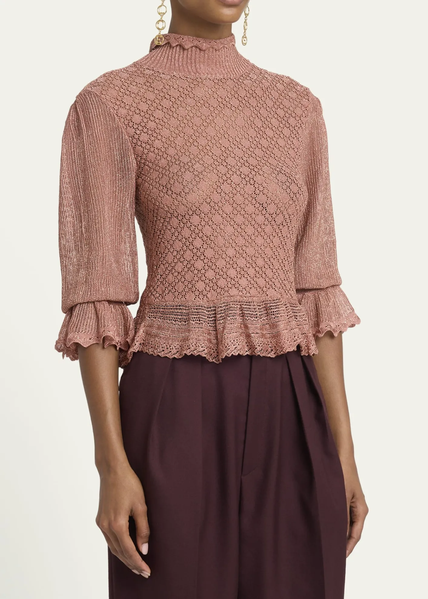 ChloeMock-Neck Metallic Knit Ruffle Sweater