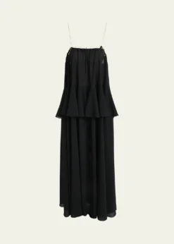 ChloePendant-Chain Tiered Organic Silk Georgette Backless Gown