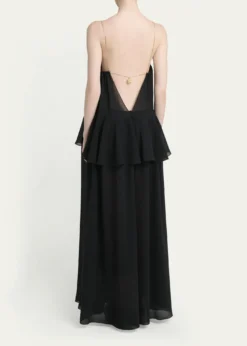ChloePendant-Chain Tiered Organic Silk Georgette Backless Gown