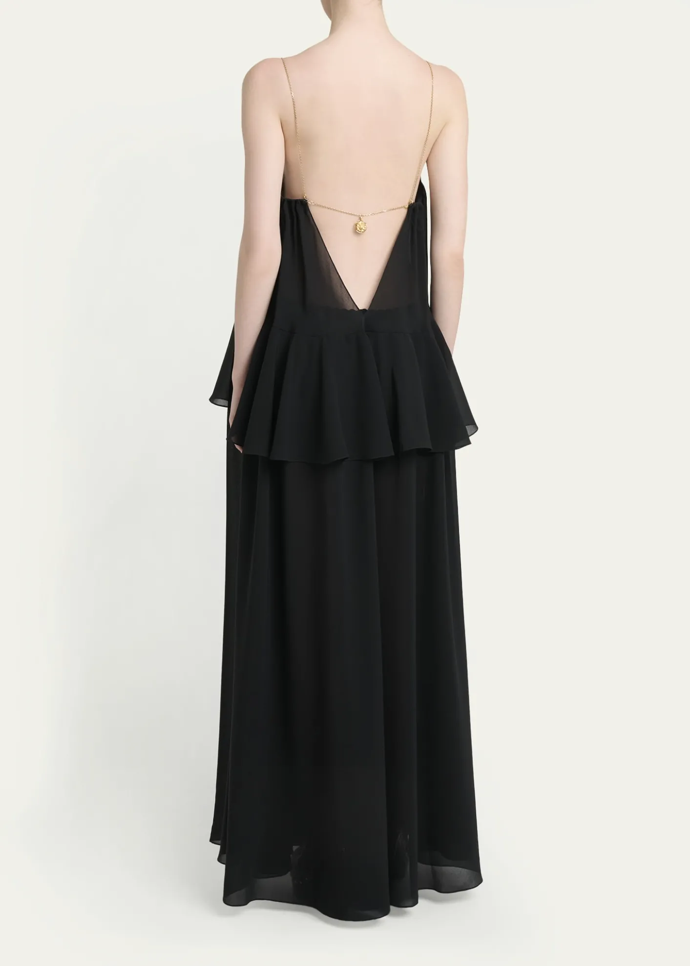 ChloePendant-Chain Tiered Organic Silk Georgette Backless Gown