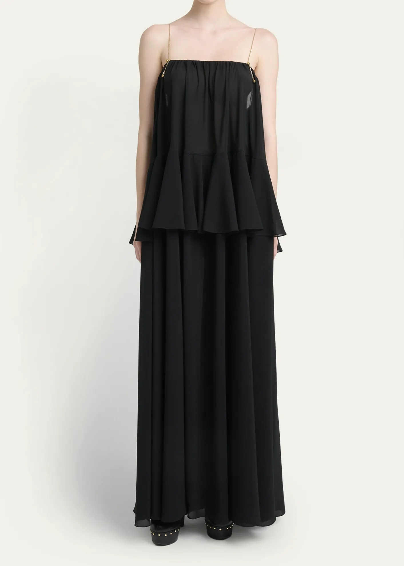 ChloePendant-Chain Tiered Organic Silk Georgette Backless Gown