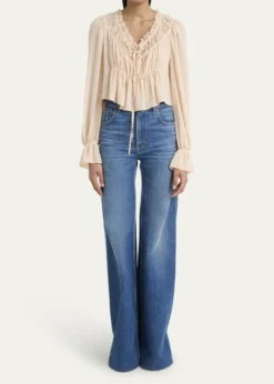 ChloeRuched Lace Silk Peasant Blouse