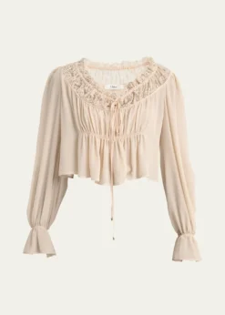 ChloeRuched Lace Silk Peasant Blouse
