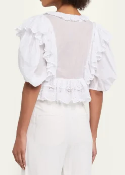 ChloeRuffled Eyelet Cotton Puff-Sleeve Crop Top