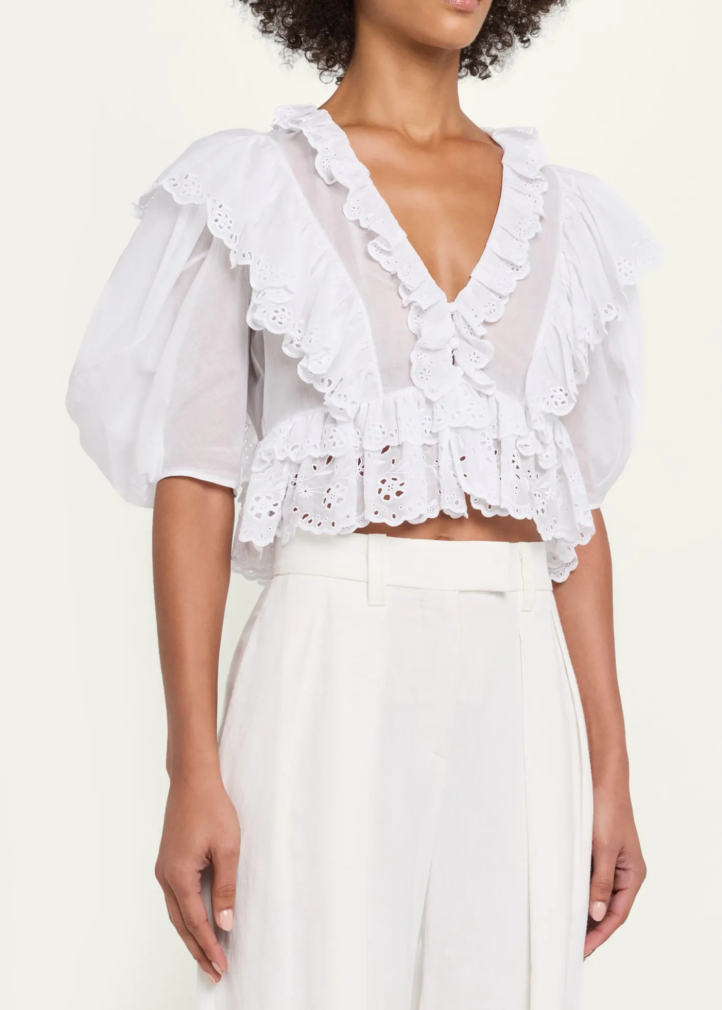 ChloeRuffled Eyelet Cotton Puff-Sleeve Crop Top