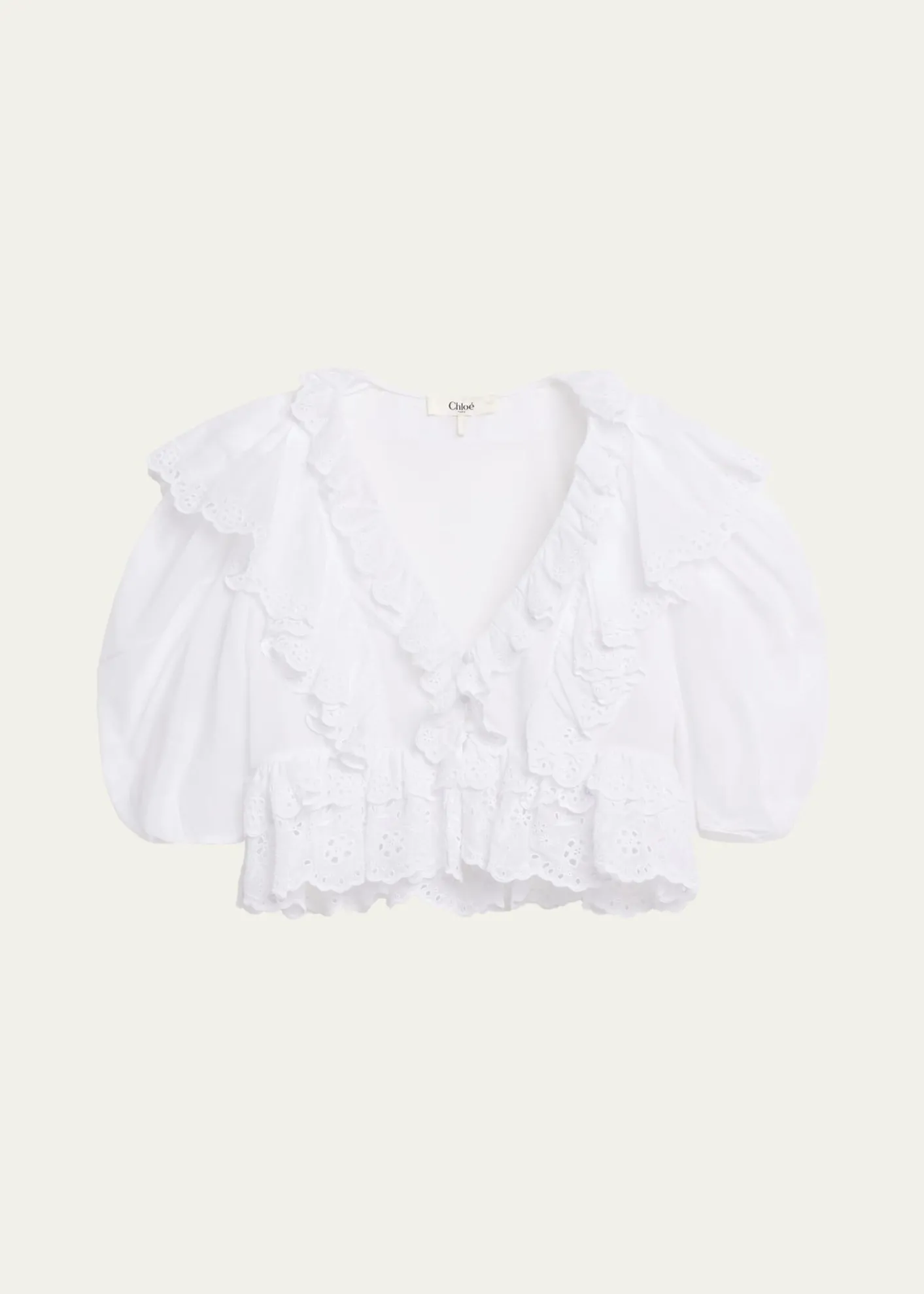 ChloeRuffled Eyelet Cotton Puff-Sleeve Crop Top