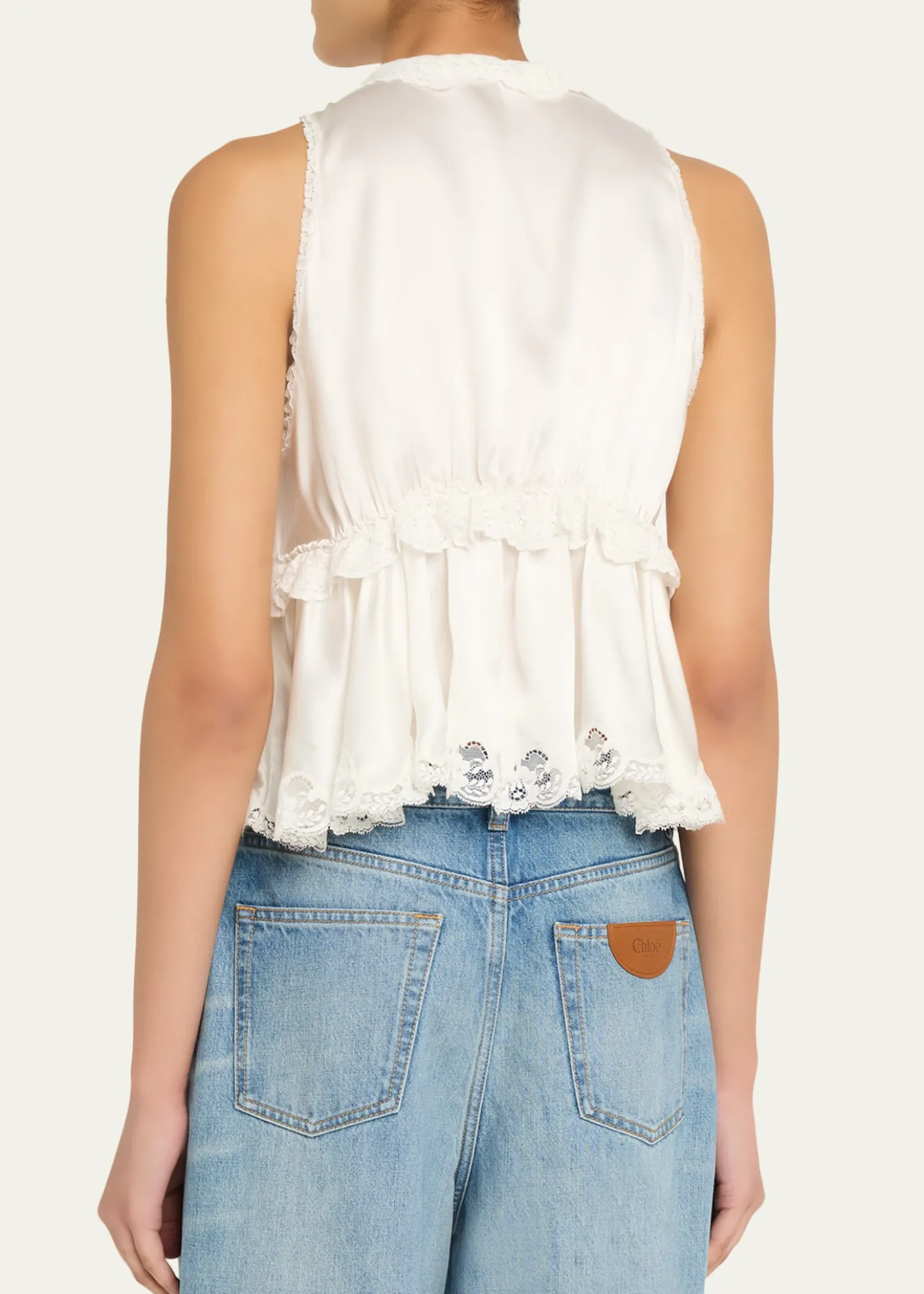 ChloeRuffle V-Neck Sleeveless Silk Top