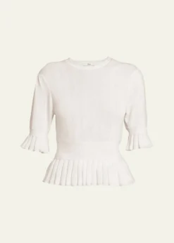 ChloeShort-Sleeve Pointelle Kit Ruffle Crewneck Sweater
