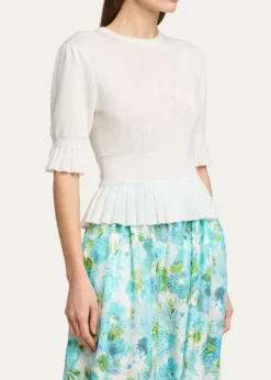 ChloeShort-Sleeve Pointelle Kit Ruffle Crewneck Sweater