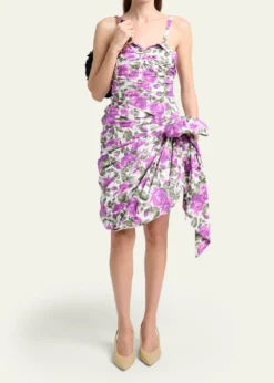ChloeSleeveless Ruched Floral Cotton Bow Dress