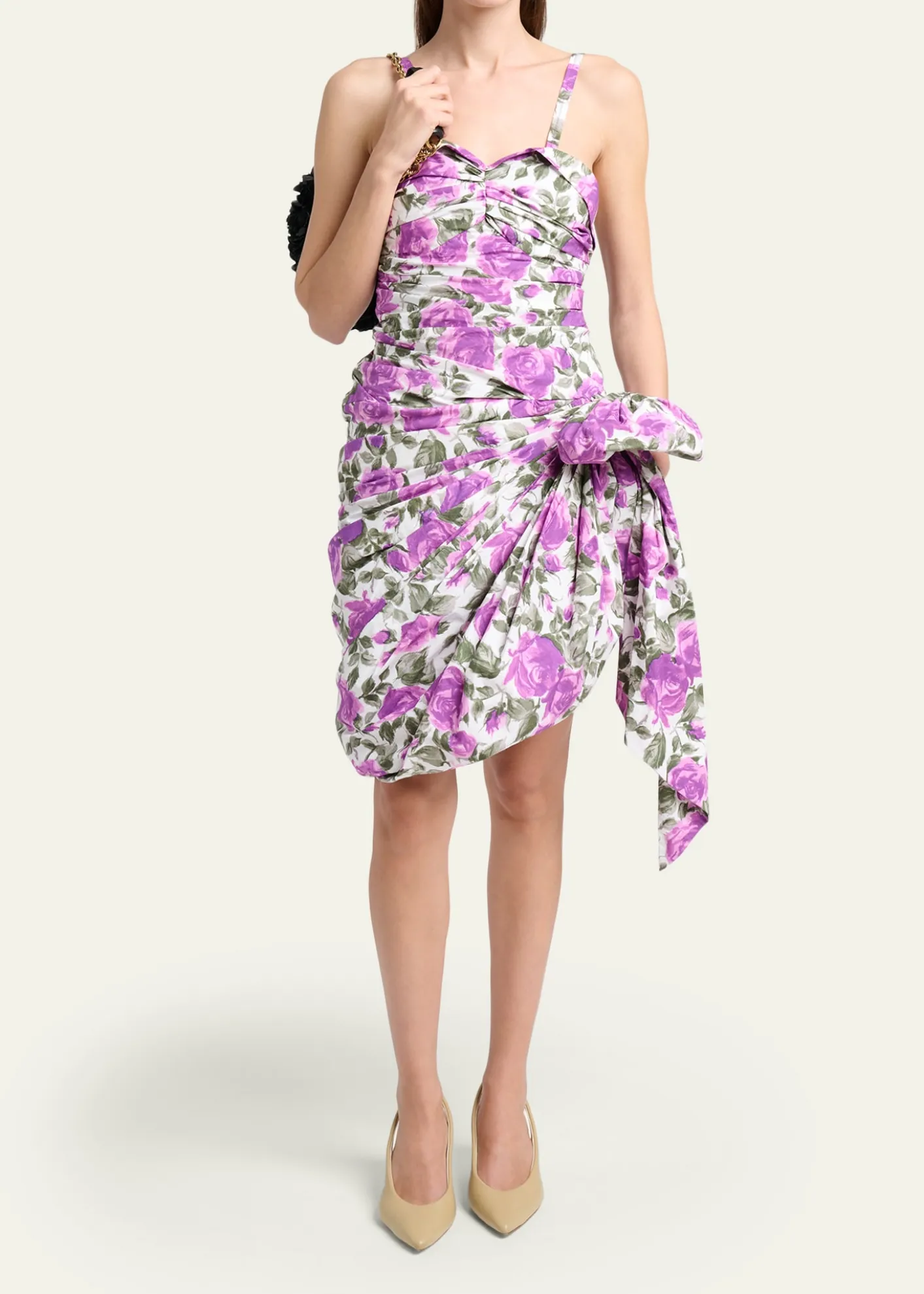 ChloeSleeveless Ruched Floral Cotton Bow Dress