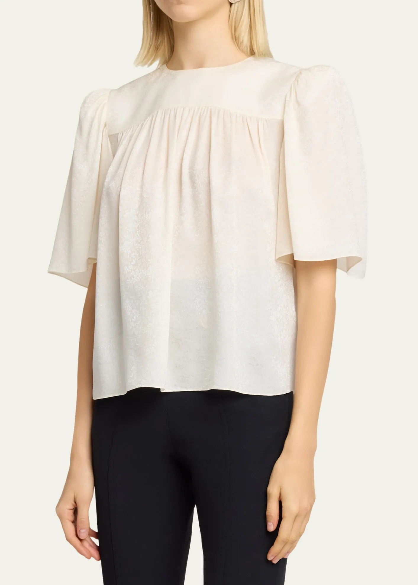 ChloeStrong-Shoulder Floral Silk Jacquard Top
