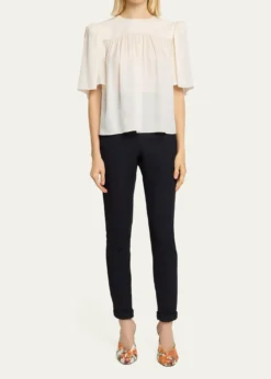 ChloeStrong-Shoulder Floral Silk Jacquard Top