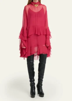 ChloeTiered Ruffle Silk Mousseline Long-Sleeve Mini Dress