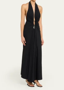 Christopher EsberCrystal Pendant Plunging Halter Maxi Dress