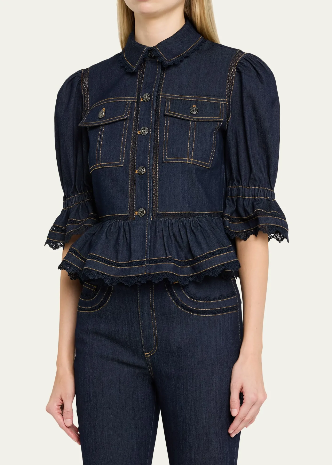 Cinq a SeptGuipure Lace Denim Jacket