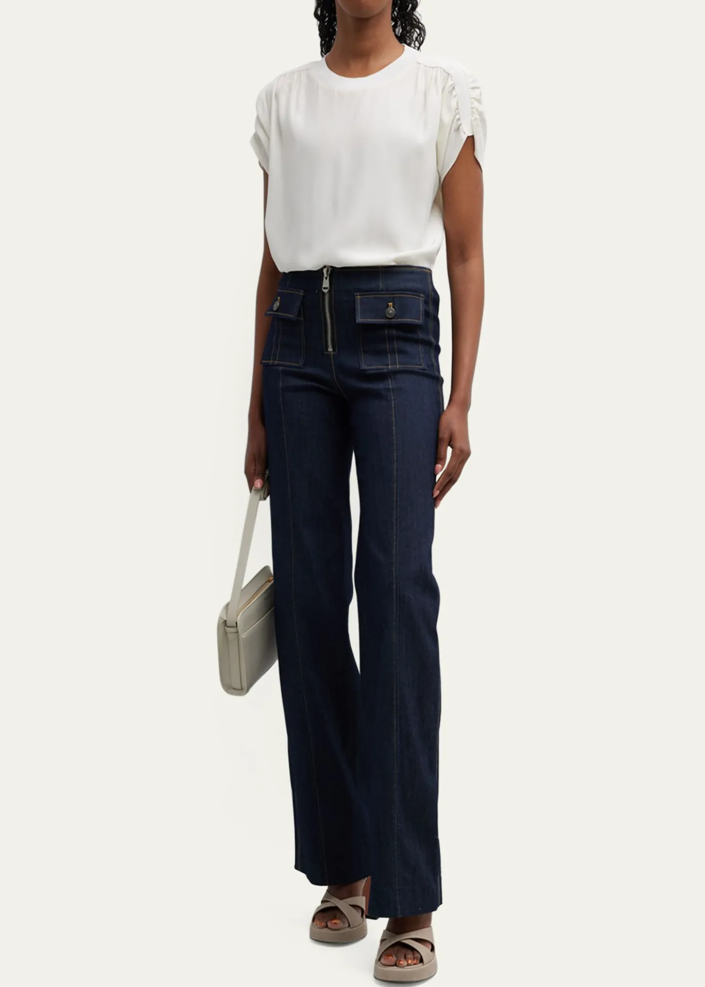 Cinq a SeptLorainne Short Ruched-Sleeve Silk Top
