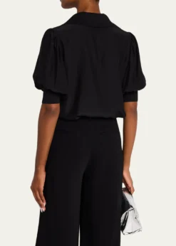 Cinq a SeptWeldon Collared V-Neck Short-Sleeve Silk Combo Top