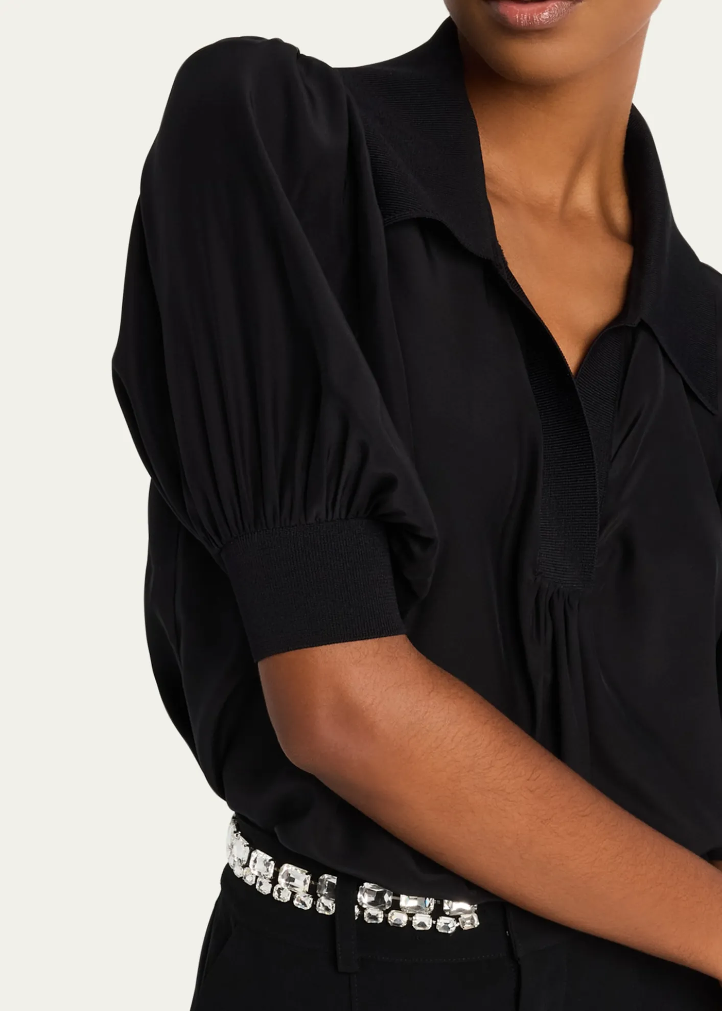 Cinq a SeptWeldon Collared V-Neck Short-Sleeve Silk Combo Top