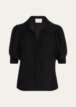 Cinq a SeptWeldon Collared V-Neck Short-Sleeve Silk Combo Top