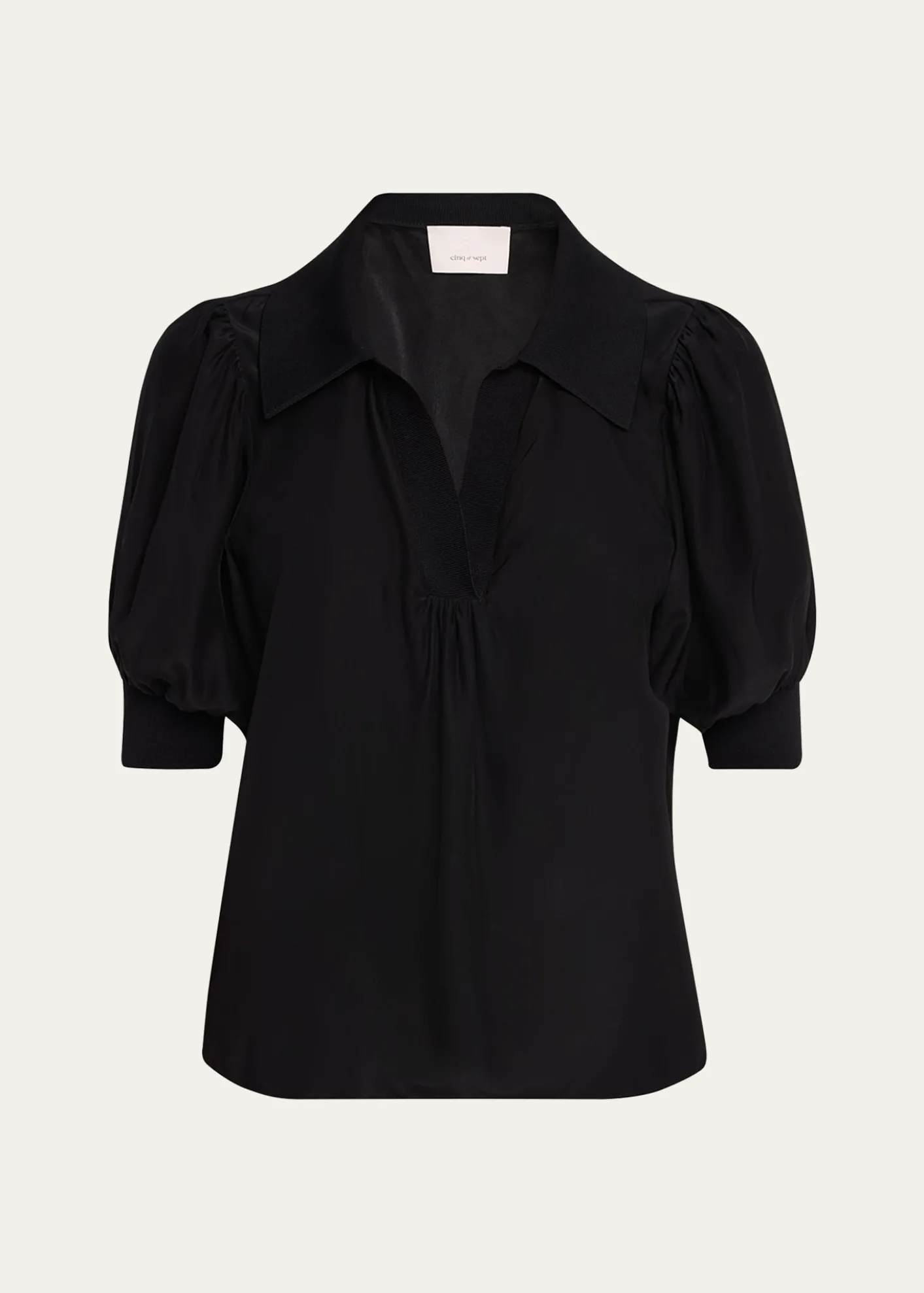 Cinq a SeptWeldon Collared V-Neck Short-Sleeve Silk Combo Top