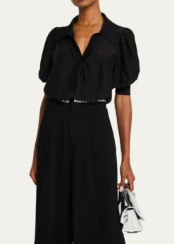 Cinq a SeptWeldon Collared V-Neck Short-Sleeve Silk Combo Top