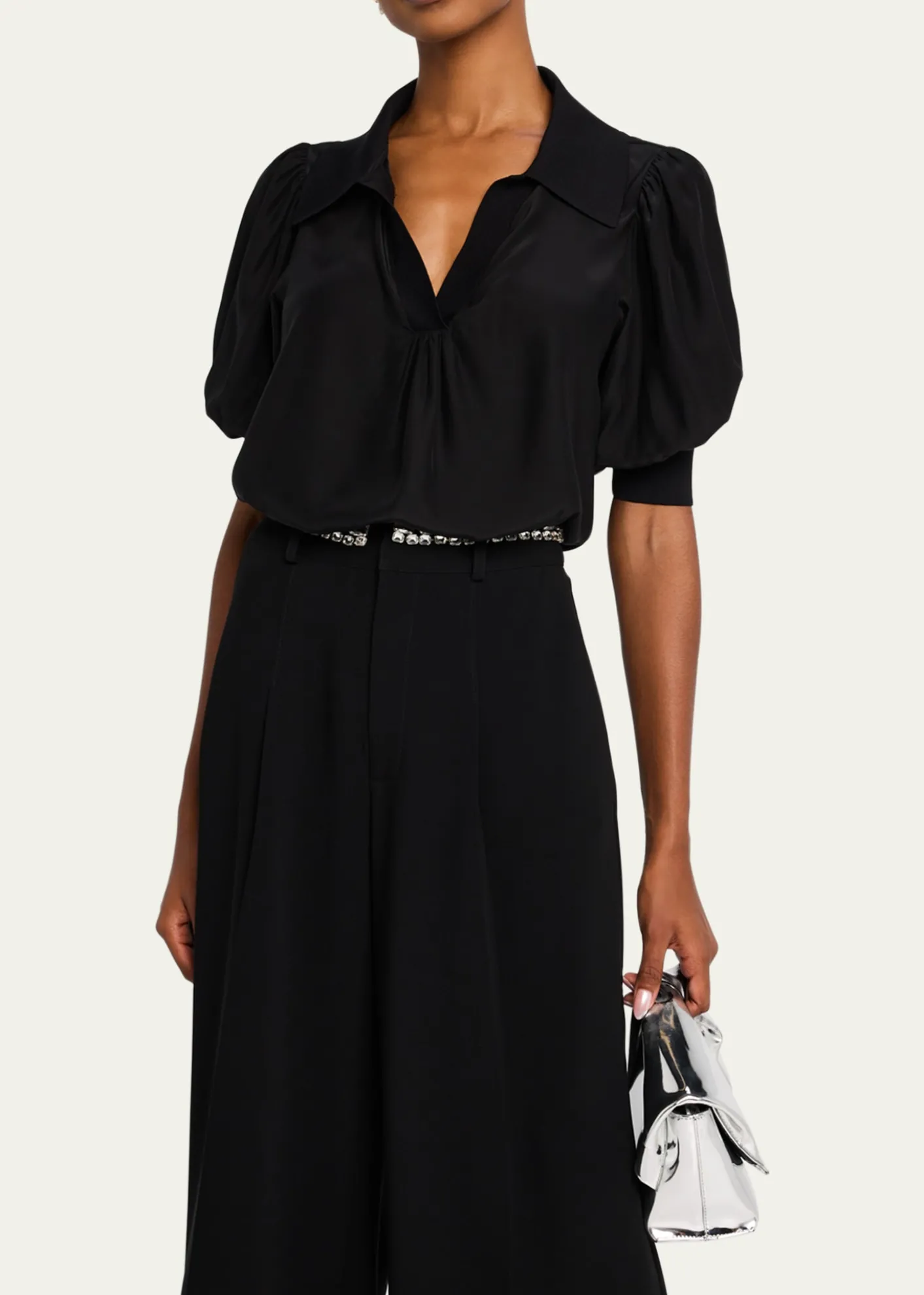 Cinq a SeptWeldon Collared V-Neck Short-Sleeve Silk Combo Top