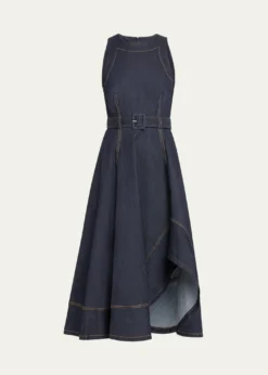 Cinq a SeptZelda Belted Asymmetric Sleeveless Denim Midi Dress