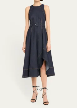 Cinq a SeptZelda Belted Asymmetric Sleeveless Denim Midi Dress