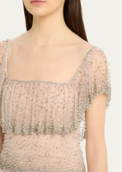 CostarellosJesenia Crystal Ruffle Square-Neck Illusion Gown