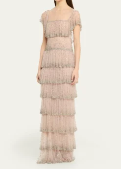 CostarellosJesenia Crystal Ruffle Square-Neck Illusion Gown