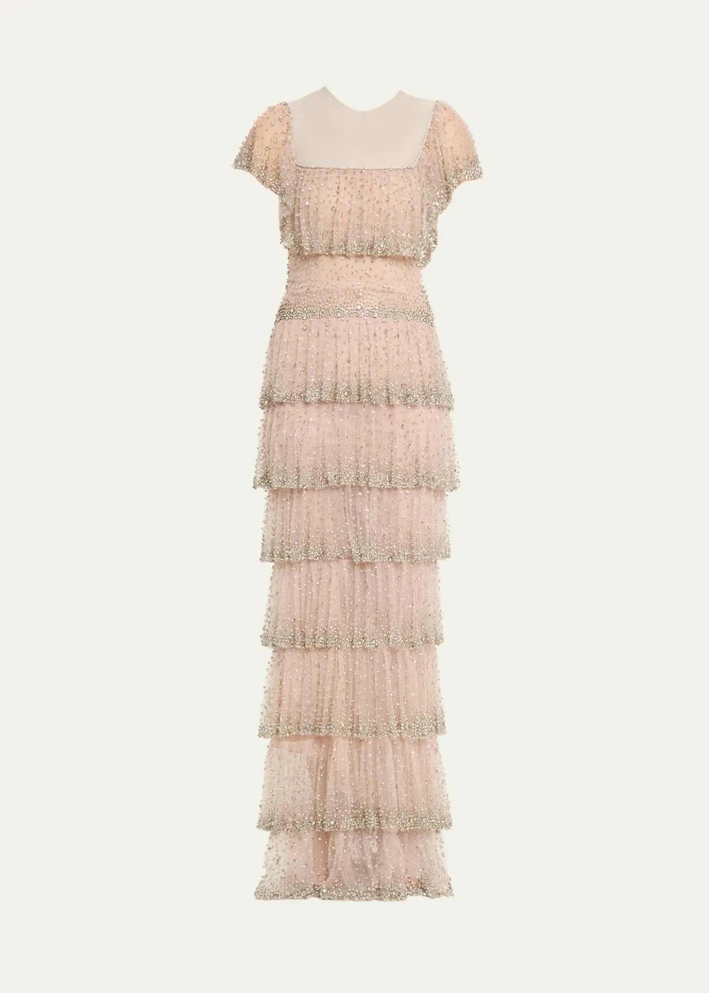CostarellosJesenia Crystal Ruffle Square-Neck Illusion Gown