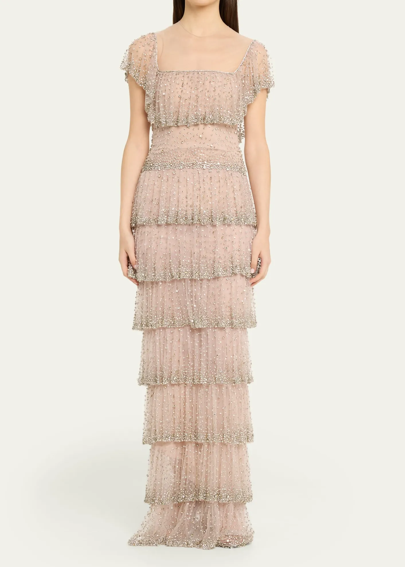 CostarellosJesenia Crystal Ruffle Square-Neck Illusion Gown